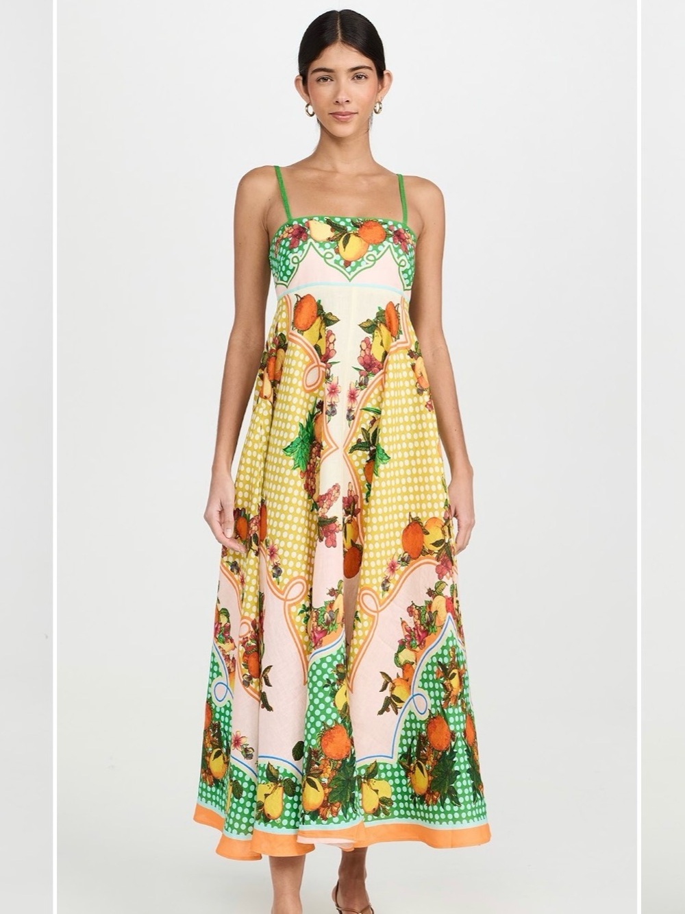ALÉMAIS Lemonis Linen Sundress Fruit-Print Spaghetti Strap Maxi Dress